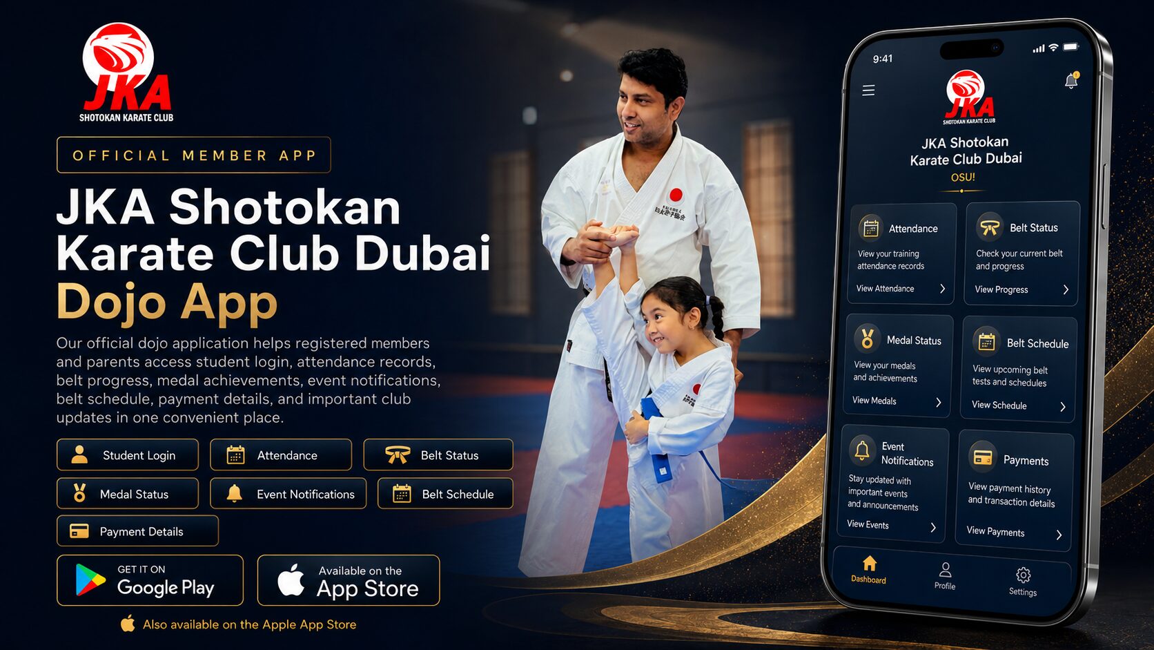 JKA Shotokan Karate Club Dubai official dojo app for members and parents