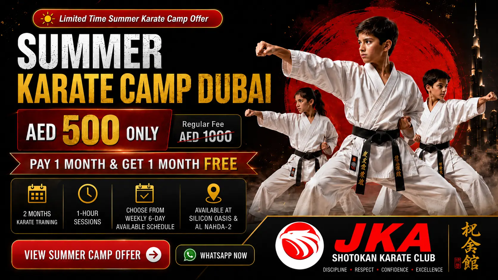 Summer Karate Camp Dubai AED 500 offer for kids and teens at JKA Shotokan Karate Club Silicon Oasis and Al Nahda-2