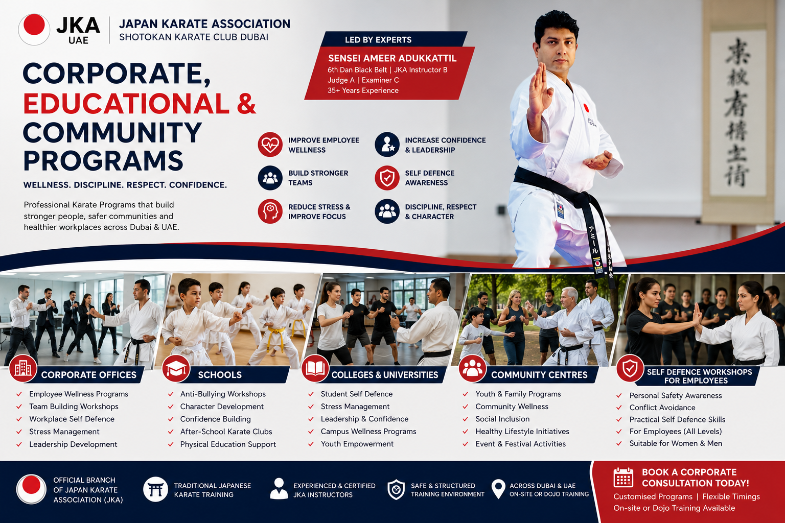 Sensei Ameer Adukkattil presenting JKA corporate wellness, school and community karate programs in Dubai