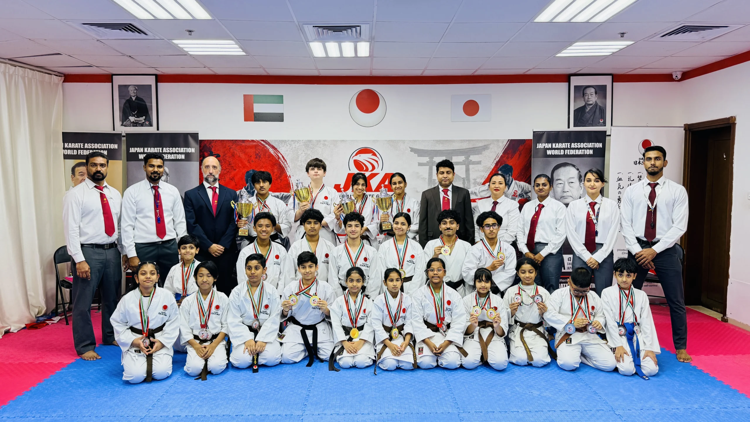 Students, instructors, judges and officials at the JKA Inter-Dojo Karate Championship 2026 in Dubai